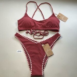 Berlook Bikini Set Large Brick Red Contrast Stitch Bottom Tie Back Scoop Top